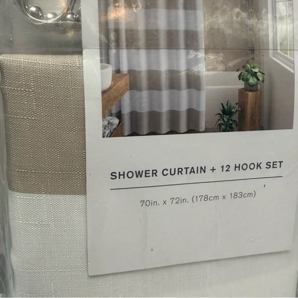New! Urban Habitat Polyester Shower Curtain Plus 12 Hooks Set in White/ Oatmeal